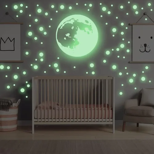 Calcomanía de pared que brilla en la oscuridad con estrellas y luna – Calcomanía de techo brillante para habitación de niños, decoración de luz –