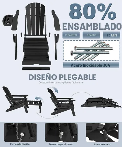 Miniatura 7 de NAVINE Silla Adirondack ajustable con reposapiés retráctil, Silla Adirondack plegable de HDPE con portavasos, Silla Adirondack para todo el tiempo
