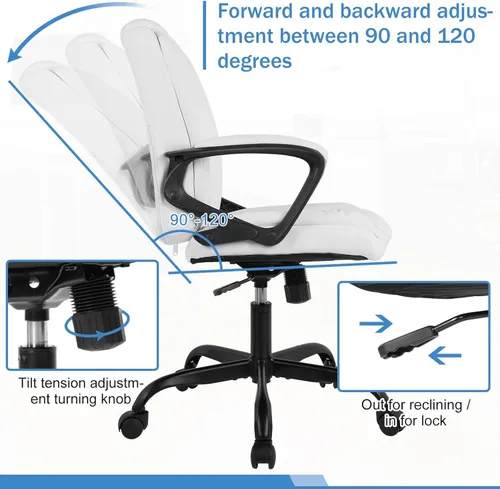 Miniatura 4 de Silla ergonómica de piel sintética con respaldo medio y soporte lumbar, reposabrazos, giratorio giratorio, ajustable para adultos (blanco)