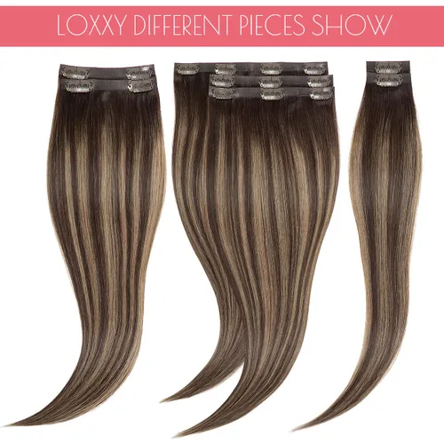 Miniatura 8 de Loxxy Extensiones de cabello humano con clip, sin costuras, 22 pulgadas, color marrón oscuro a castaño oscuro y marrón oscuro, 7 piezas