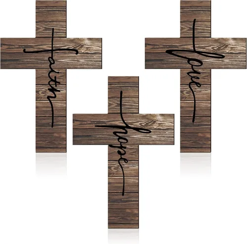 Jetec 3 piezas de letrero de cruz de Pascua, fe, amor, esperanza, cruzes, decoración de pared de madera, cruz rústica, vintage, religioso, amor,