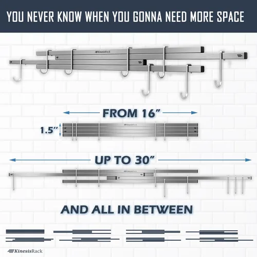 Miniatura 3 de Soporte magnético para cuchillos de pared de 16 pulgadas que se extiende hasta 30 pulgadas, 4 tiras de neodimio magnético con 10 ganchos
