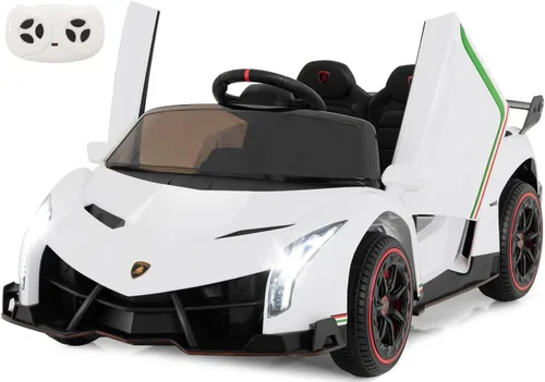INFANS Auto a batería para niños de 2 plazas, 12V 4WD con licencia Lamborghini Veneno con puertas hidráulicas, modo de balanceo, velocidades Blanco