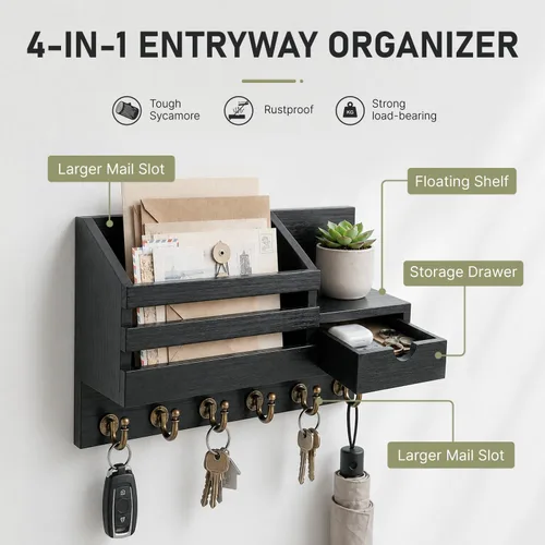 Miniatura 6 de FifthQuarter Soporte para llaves y correo para pared, organizador de correo con 6 ganchos y cajón de almacenamiento, soporte de llaves de fácil