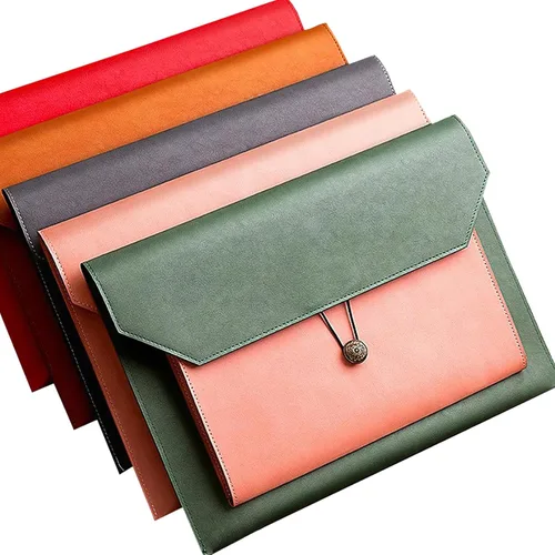 Miniatura 7 de Carpeta de archivos A4 de cuero de la PU Portafolio de la carpeta del sobre con 2 compartimentos marrón y naranja partido