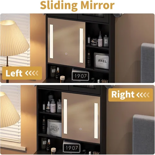 Miniatura 7 de VINGLI Tocador 3 en 1 con espejo deslizante iluminado LED y taburete acolchado sobre ruedas, pequeño tocador de maquillaje con 3 cajones y 2 Negro