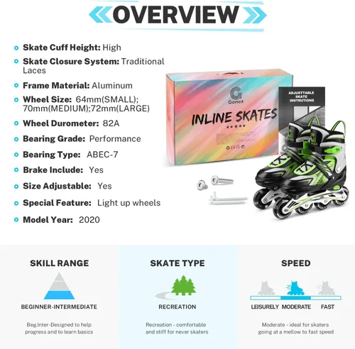 Miniatura 7 de Gonex Patines en línea para niñas y niños, patines ajustables para exteriores, patines en línea para niños, adolescentes y mujeres con ruedas Verde