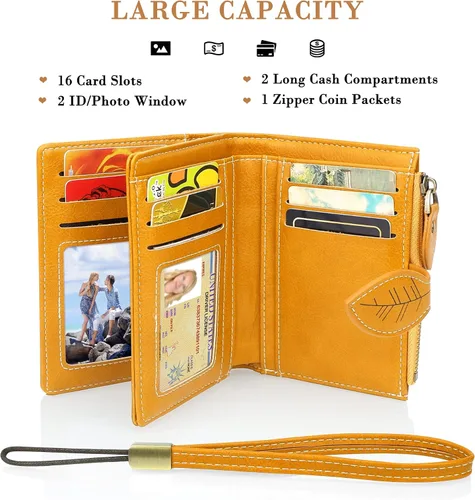 Miniatura 7 de CONISY Cartera pequeña para mujer, cartera compacta de cuero plegable con correa de muñeca con bloqueo RFID para mujer, Amarillo, Casual, clásico