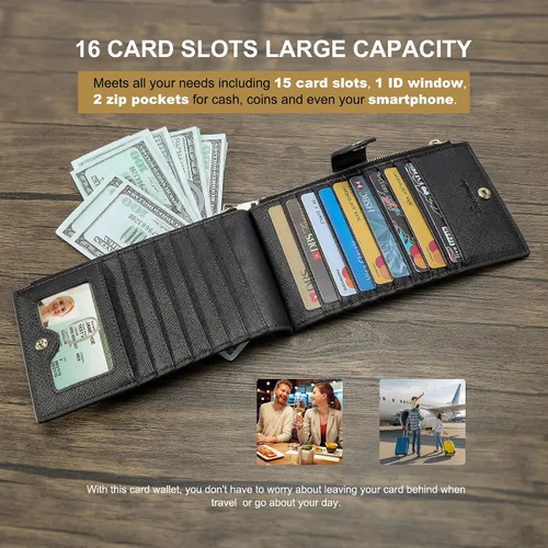 Miniatura 5 de Travelambo Billetera para mujer con bloqueo RFID plegable para múltiples tarjetas con bolsillo con cremallera, Negro -, Minimalista