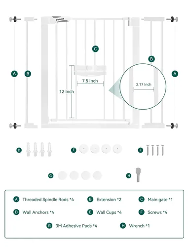 Miniatura 6 de Babelio Puerta de bebé con puerta para gatos ajustable, puerta de metal para mascotas de 29 a 40 pulgadas para escaleras y puertas, montada a Blanco