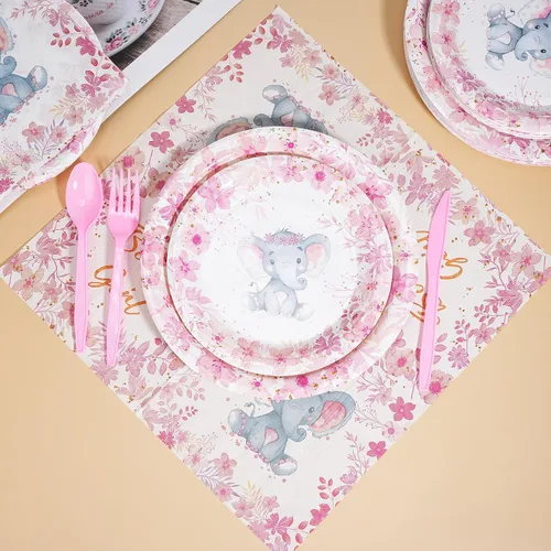 Miniatura 6 de Bokon Juego de 300 platos de elefante para baby shower, para 50 vajillas, incluye platos, servilletas, tenedores, cucharas, cuchillos, elefante