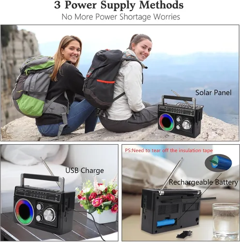 Miniatura 2 de Radios portátil AM FM, radio portátil retro con altavoz Bluetooth y linterna, recepción fuerte con luces de humor coloridas, tarjeta TF, energía