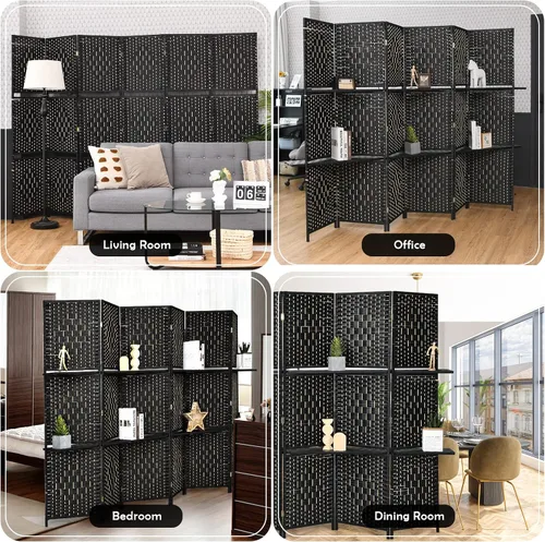 Miniatura 8 de Giantex Divisor de habitación de 6 pies y 6 paneles con estantes, pantallas de privacidad plegables de ratán tejido a mano para separación