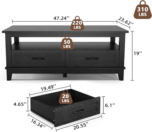 Miniatura 2 de GarveeHome - Mesa de café de estilo granja con cajones, mesa de centro rústica de 47.2 pulgadas, mesa de sala de estar negra, con estante abierto