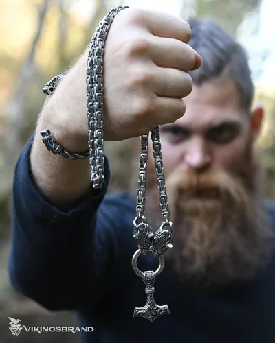 Miniatura 7 de VikingsBrand Handmade Stainless Steel Thors Hammer Necklace with Wolf Heads Mjolnir Pendant Viking Gifts for Men Norse Jewelry for Men Authentic