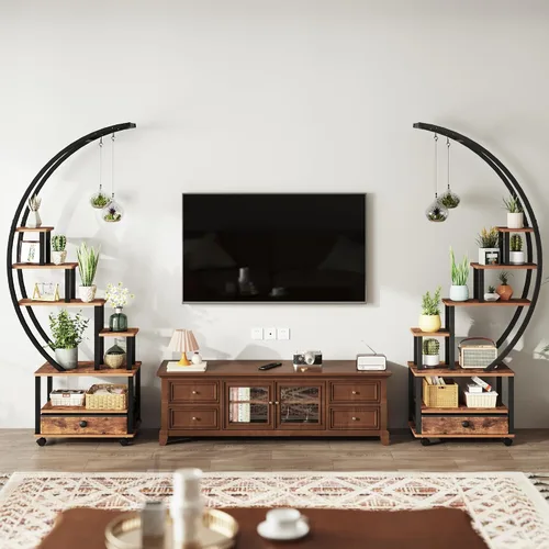 Miniatura 2 de 2 soportes para plantas de interior de media luna de 71 pulgadas de alto con ruedas bloqueables, estante para plantas de 14 niveles con cajón