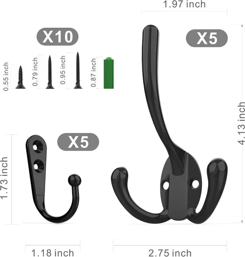 Miniatura 7 de ZAYBOD Paquete de 10 Ganchos Negros de Servicio Pesado Montados en la Pared con 30 Tornillos - Vestíbulo, Mochila, Bata, Ganchos para Sombreros