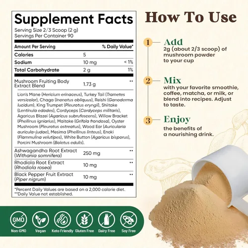 Miniatura 8 de Fidus Suplemento en Polvo de 16 Hongos con 17,300mg, 90 Porciones de Alternativa de Café de Hongos para Inmunidad, Concentración y Energía