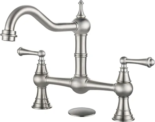 Miniatura 16 de Grifo de Cocina de Puente con Rociador Lateral, WOWOW Grifo de Cocina de Latón Macizo para Fregadero de 4 Agujeros Bronce Antiguo Grifo de Fregadero