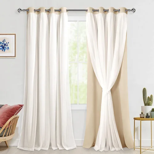 Miniatura 16 de Hiasan Cortinas opacas con superposición transparente, aislamiento térmico para mezclar y combinar de doble capa, cortinas de oscurecimiento de Beige