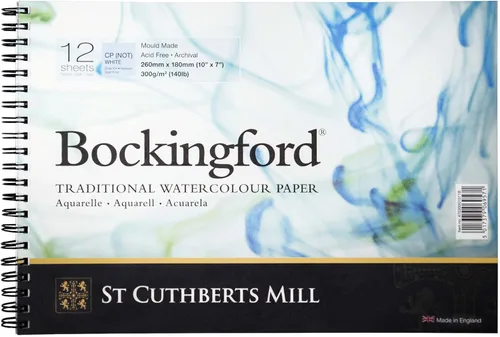St. Cuthberts Mill Bockingford - Bloc de papel de acuarela en espiral, papel de color de agua blanca de 10 x 7 pulgadas para artistas, 12 hojas de