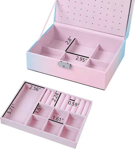 Miniatura 8 de Kendal Joyero para mujeres y niñas, organizador de joyas de 2 capas, piel sintética con cierre y forro de terciopelo suave, portátil, almacenamiento