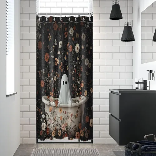 Miniatura 5 de LB Cortina de ducha pequeña de fantasma de Halloween de 48 x 68 pulgadas, forro de cortina de ducha de tamaño medio floral naranja, divertidas
