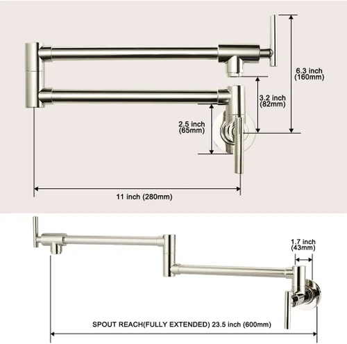 Miniatura 6 de WOWOW Grifo de llenado de ollas de níquel pulido, relleno de olla de latón macizo, montaje en pared, grifo de estufa de cocina con brazos oscilantes