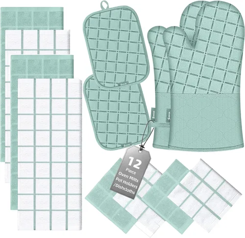 Miniatura 14 de Manoplas de horno para toallas de cocina y paños de cocina, juego de soportes para ollas, guantes de cocina, paños de cocina resistentes al calor