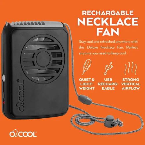 Miniatura 2 de O2COOL Ventilador de enfriamiento de cordón ajustable con batería USB de viaje personal para cuello portátil, (negro)