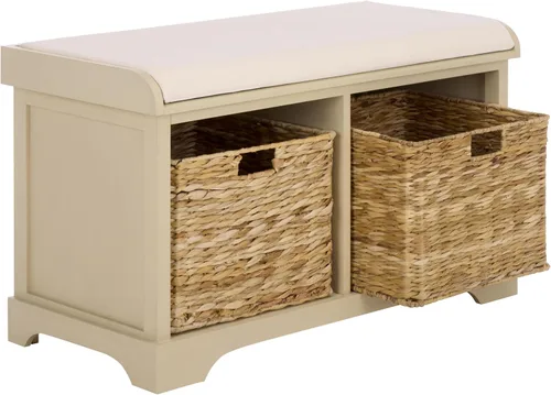 Miniatura 15 de SAFAVIEH Home Collection Freddy Marrón/ Cesta de mimbre, banco de almacenamiento con 2 cajones y cojín, completamente ensamblado