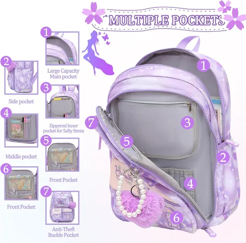 Miniatura 2 de Linda Mochila para Niñas Escolar Bolso para Estudiantes Niños Bolso de Libro con Múltiples Bolsillos Mochila Infantil Resistente a Salpicaduras