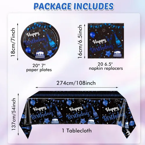 Miniatura 2 de Juego de 41 piezas de vajilla de decoración de fiesta de cumpleaños azul marino y negro, incluye platos, servilletas, mantel para hombres y mujeres