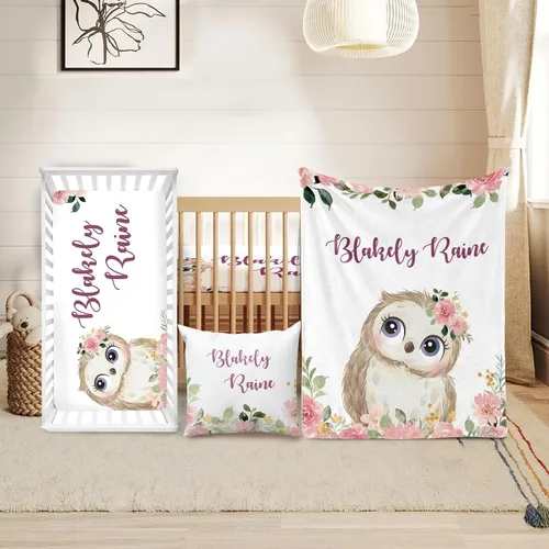 Miniatura 22 de Juego de ropa de cuna personalizado Duckbe - Diseño de oso con nombre personalizado para guardería de bebé, juego de 3 piezas - Manta suave