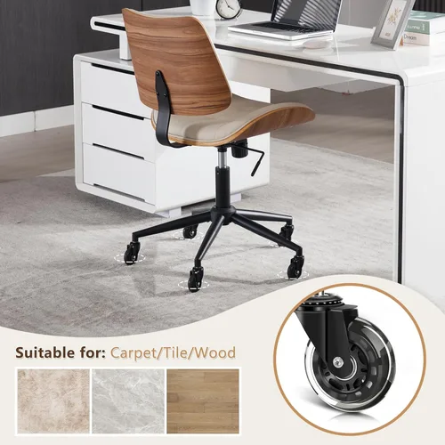 Miniatura 3 de Silla de escritorio de oficina en casa con ruedas, silla de oficina sin brazos de altura ajustable, piel sintética, respaldo medio, silla de Beige