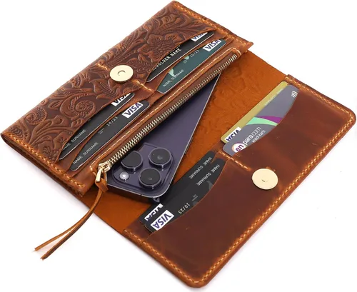 Miniatura 4 de Toros Craft Cartera larga hecha a mano para mujer, de cuero de gran capacidad, carteras florales occidentales, funda para teléfono celular, funda