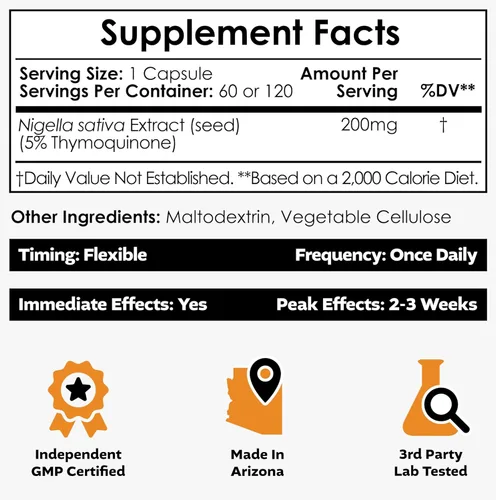 Miniatura 2 de Nootropics Depot Cápsulas de extracto de Nigella Sativa 200 mg 120 unidades Contenido mínimo del 10% de timoquinona Extracto de aceite