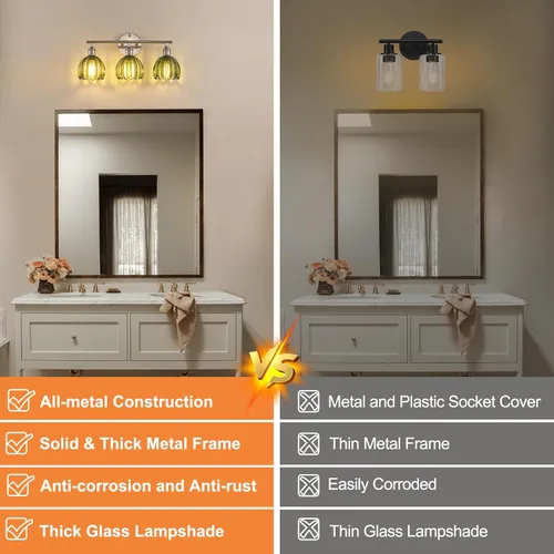 Miniatura 3 de Shenmoyl Accesorios de Iluminación para Baño, Luz de Pared de Tocador de 3 Luces Sobre Espejo con Pantalla de Cristal de Tulipán Verde para Base