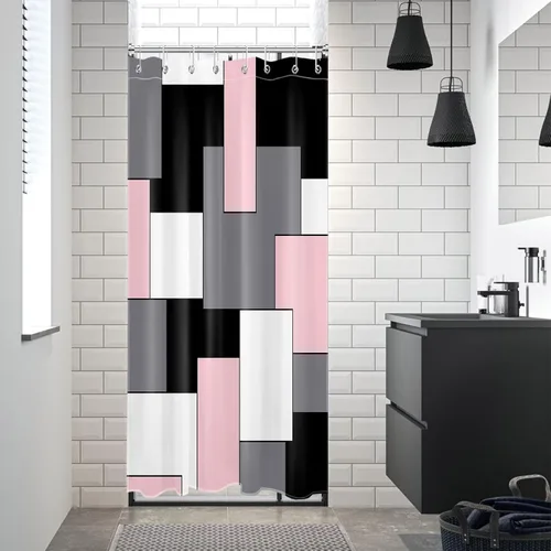 Miniatura 5 de HVEST Cortina de ducha moderna rosa con ganchos, cortina de ducha geométrica abstracta gris y blanco para baño, juego de cortina de ducha