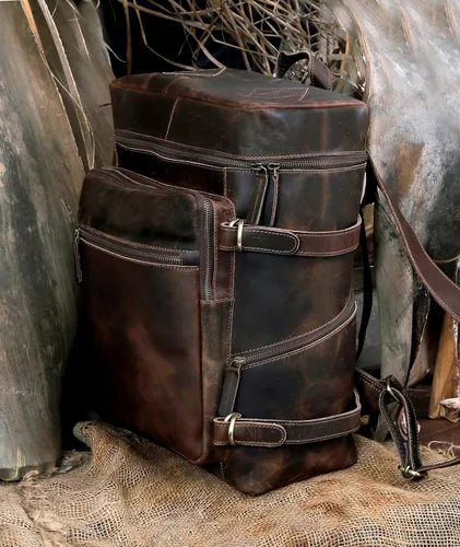 Miniatura 3 de HLC Mochila de cuero genuino para computadora portátil para hombres y mujeres, mochila genuina de gran capacidad, para negocios, retro, viajes
