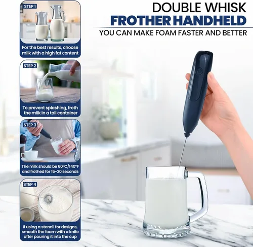 Miniatura 4 de Espumador de leche inalámbrico recargable de mano con soporte para arte con leche, batidor doble pequeño, espumador de leche, espumador de café