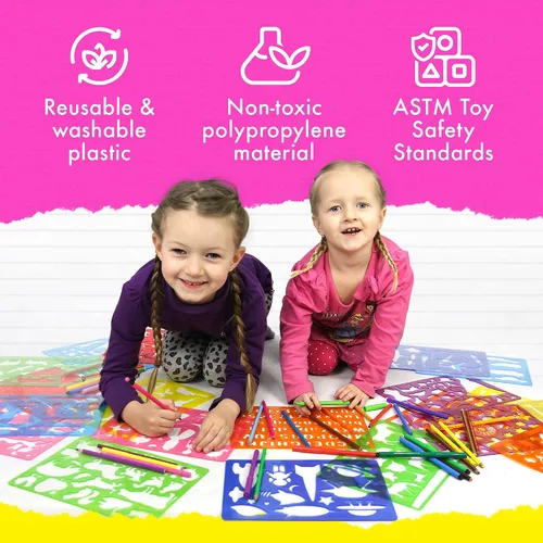 Miniatura 6 de Kit de plantillas de dibujo para niños, juego de 60 piezas de arte con más de 370 formas, bloc de bocetos y lápices de colores para manualidades