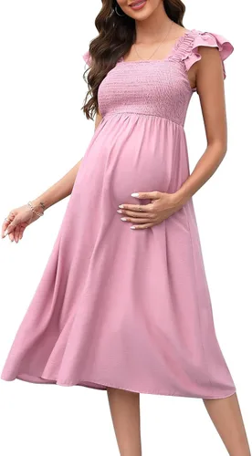 BeautyNee Vestido de maternidad para mujer para sesión de fotos, baby shower, con tirantes delgados, manga y cuello cuadrado, vestido maxi bohemio