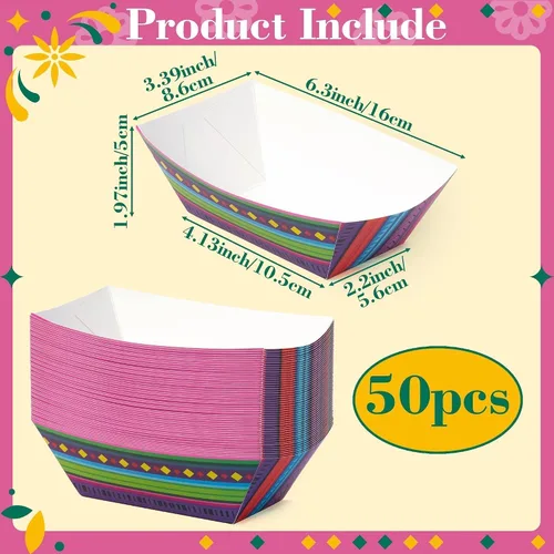 Miniatura 2 de Bandejas de comida Mexican Taco Nights – 50 bandejas montadas en barco de tacos, soporte para pollo frito, platos de papel desechables, suministros