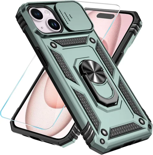 Miniatura 36 de SunStory Funda compatible con iPhone 15 con protector de pantalla HD, cubierta de cámara deslizante y soporte de anillo giratorio, [grado militar]