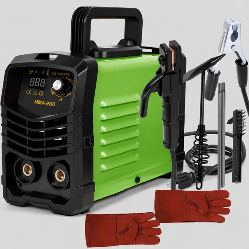 Máquina de soldadura inversora todo en uno de 200 amperios, 25 varillas incluidas, control sinérgico, arranque en caliente y antiadherente para una