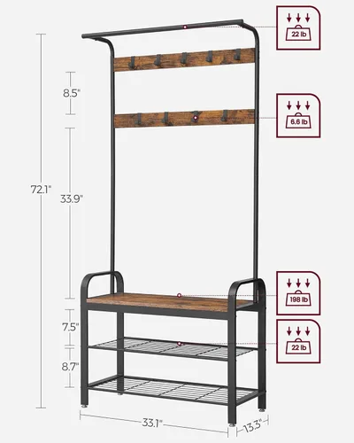 Miniatura 5 de VASAGLE Perchero, árbol de pasillo con banco de zapatos para entrada, banco de entrada con perchero, 4 en 1, con 9 ganchos extraíbles, una barra