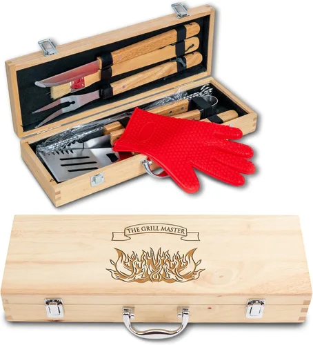 Miniatura 12 de Juego de parrilla BBQ de 11 piezas con caja de madera de arce grabada, herramientas de barbacoa de acero inoxidable premium con mangos de madera
