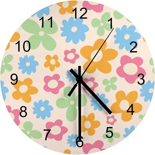 Reloj de Pared de Flores Silencioso Sin Tictac Operado por Batería, Caricatura de los 70s Linda Flor Abstracta Pastel Margarita Reloj Floral