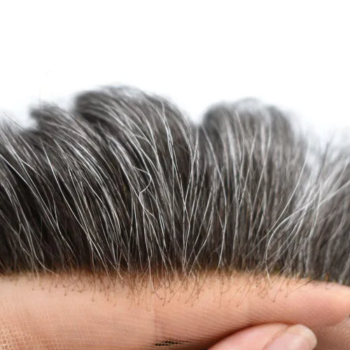 Miniatura 16 de Toupee para hombres, sistema de reemplazo de cabello humano Remy, nudos blanqueados, encaje frontal, piel fina, para hombre, color gris, pelucas